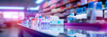 Pharmacy blurred light tone with store drugs shelves interior background. Concept of pharmacist, background of pharmacy business store.の素材