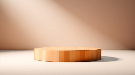 Wooden podium for product presentation in sunlight and shadows on the beige wallの素材