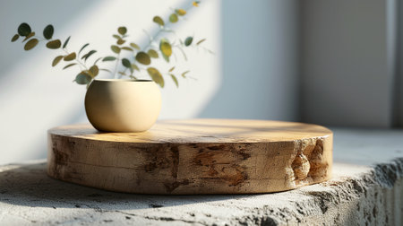Wooden podium for product presentation in sunlight and shadows on the beige wallの素材