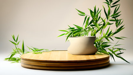 Wooden podium for product presentation in sunlight and shadows on the beige wallの素材