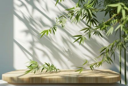 Wooden podium for product presentation in sunlight and shadows on the beige wallの素材