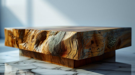 Wooden podium for product presentation in sunlight and shadows on the beige wallの素材