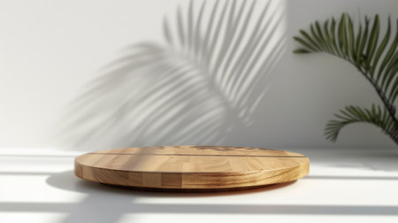 Minimalistic abstract gentle light blur grey background for product presentation on wooden podium with light and intricate shadow from the window and vegetation on wall.の素材