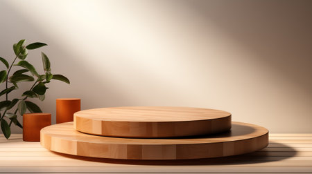 Mockup empty wooden podium with floral branches flower pink on the floor with beige pastel backgroundの素材
