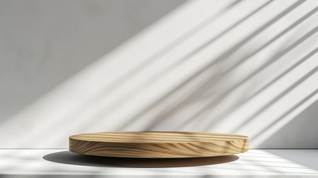 Cylindrical wooden scene with the shadow of palm leaves on beige background. Premium empty podium for advertising your product. Minimal backdrop for product presentation. Showcase, display caseの素材