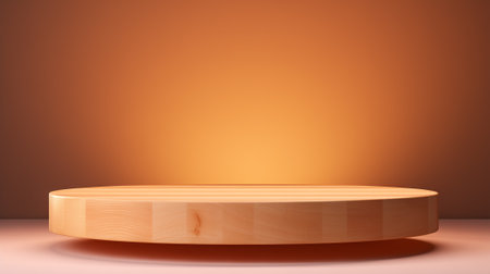 Wooden podium in the studio room. Mock up platform, podium for product display on dark background.の素材