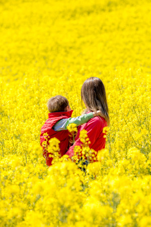 Mother and son walking through the rapeseed field.の写真素材