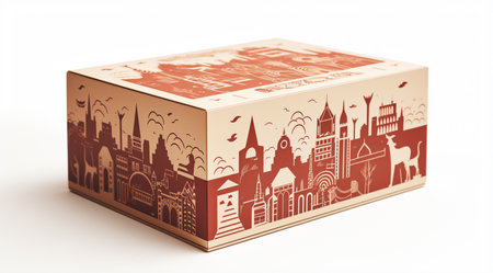 Cardboard box with famous landmarks of the world on a white backgroundの素材