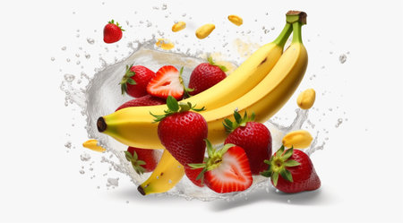 3d rendering of bananas and strawberries in water splash on white backgroundの素材