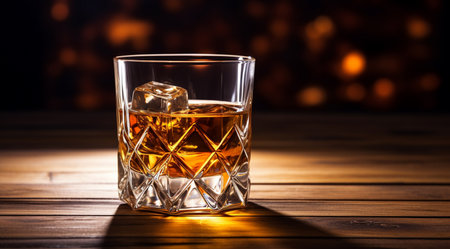 Whiskey with ice on wooden table in front of bokeh backgroundの素材