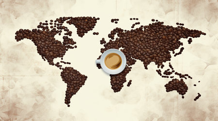 Coffee beans and a cup of coffee on the world mapの素材