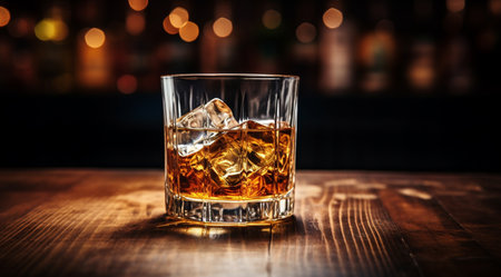 Whiskey with ice on a wooden table against the background of the barの素材