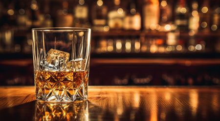 whiskey with ice on the rocks on the background of the barの素材