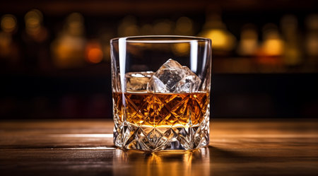 Glass of whiskey with ice cubes on a wooden table in the barの素材