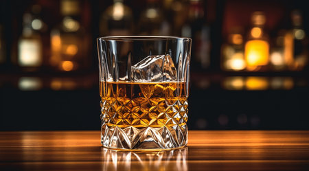 Whiskey on the rocks with ice cubes in front of the barの素材