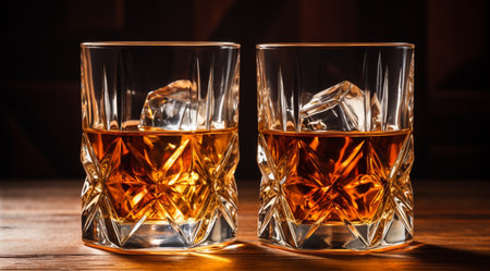 Two glasses of whiskey with ice cubes on wooden table in dark roomの素材