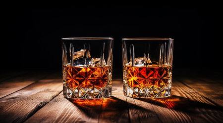 Two glasses of whiskey with ice cubes on a wooden table. Black background.の素材