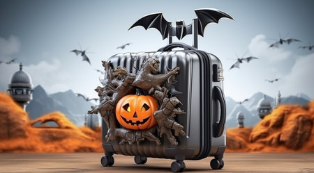 Halloween travel concept. Black suitcase with pumpkin jack-o-lantern and bats. 3d illustrationの素材
