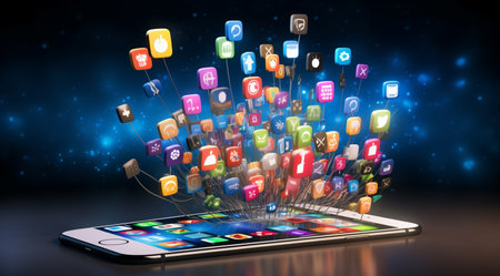 Smartphone with colorful application icons flying out of screen 3D renderingの素材