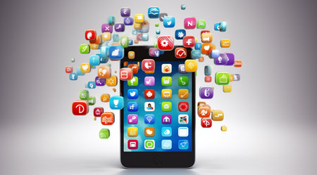 Mobile phone with application icons flying in the air. 3D renderingの素材