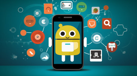 Vector illustration of artificial intelligence concept. Smartphone with cartoon robot character.の素材
