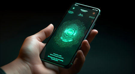 Smartphone with fingerprint scanner on the screen. Fingerprint identification concept.の素材