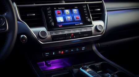 Modern car interior with dashboard, steering wheel and dashboard. 3d renderの素材