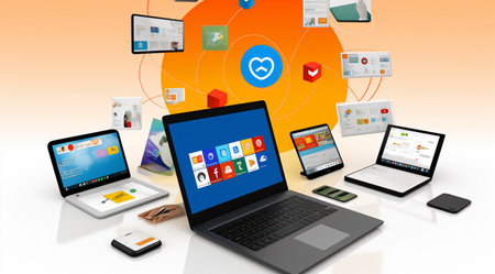 Laptop, tablet pc, smart phone and computer on white backgroundの素材