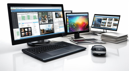 3D rendering of a computer, laptop, tablet pc and mouseの素材