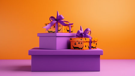 Halloween gift boxes with purple bows on orange background. 3d renderingの素材