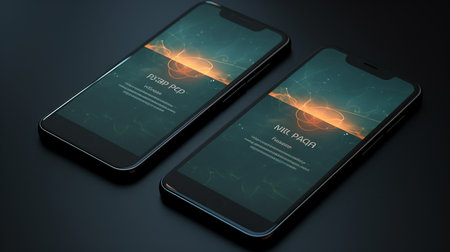 Two smartphones with lightning on the screen. 3d rendering. Mock up.の素材