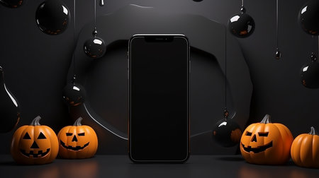 Smartphone mockup with black screen and pumpkins on black backgroundの素材
