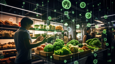 Young man choosing vegetables in grocery store. Mixed media. Mixed mediaの素材