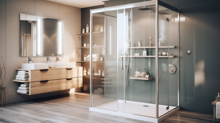 Interior of modern bathroom with gray walls, wooden floor, white bathtub and glass shower stall. 3d renderingの素材