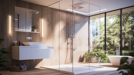 Side view of modern bathroom with wooden walls, wooden floor, white bathtub standing on it and mirror above it. 3d renderingの素材