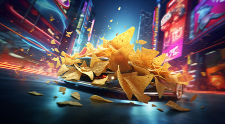 Nachos chips flying out of a car. 3d renderingの素材