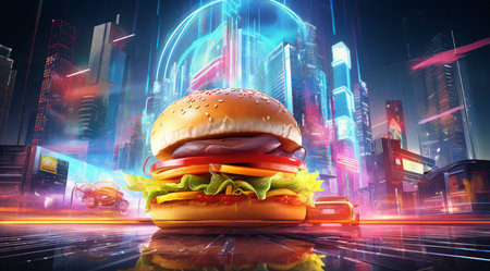 Big hamburger with neon lights on the background. 3d renderingの素材