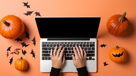 Halloween online shopping concept. Woman using laptop with pumpkins and bats on orange backgroundの素材