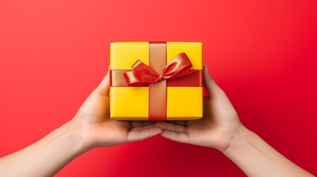 Hands holding a yellow gift box with a red ribbon on a red backgroundの素材