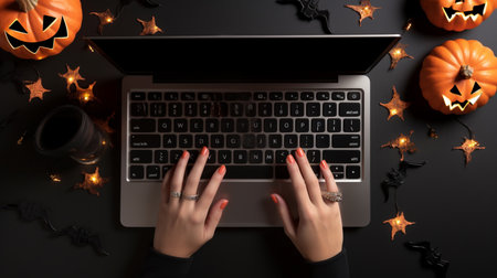 Halloween holiday concept. Female hands typing on laptop keyboard on dark background, top viewの素材