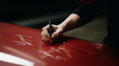 Close-up shot of a man's hand drawing on a red carの素材