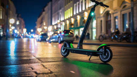 Electric scooter in the city at night. The concept of urban transport.の素材