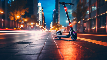 Electric scooter in the city at night. Future transportation concept.の素材