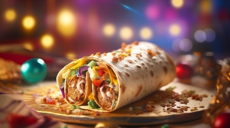 Traditional mexican burrito with meat, vegetables and cheese on christmas backgroundの素材