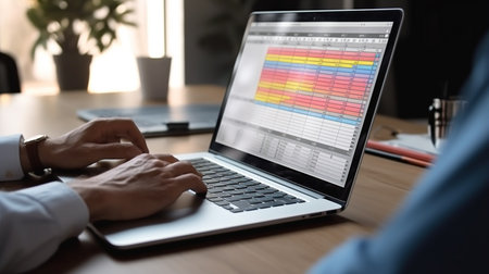 Close up of male hands typing on laptop keyboard. Man working with computer in modern office.の素材