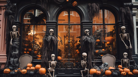 Halloween decorations in front of a shop window with pumpkins and skullsの素材