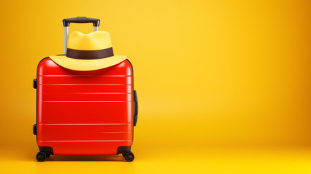Red suitcase with hat on yellow background. Travel and vacation concept.の素材