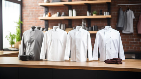 Set of men's shirts on a shelf in a modern kitchen.の素材
