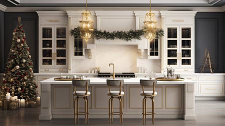 3d render of luxurious classic kitchen interior with christmas tree.の素材