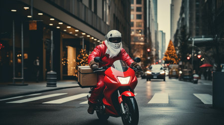 Merry Christmas and Happy New Year! Santa Claus rides a scooter on a city street.の素材